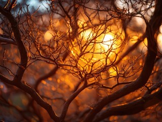 Close-up of bare tree branches illuminated by a golden sunrise light, casting warm bokeh patterns in a tranquil autumn forest scene
