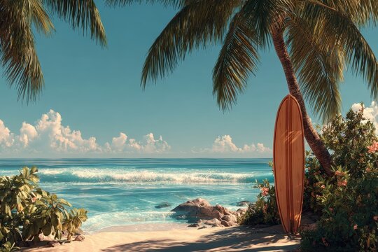 Palm trees and blue sky provide the backdrop for a surfboard propped against a palm tree near the ocean on a sunny day in hawaii