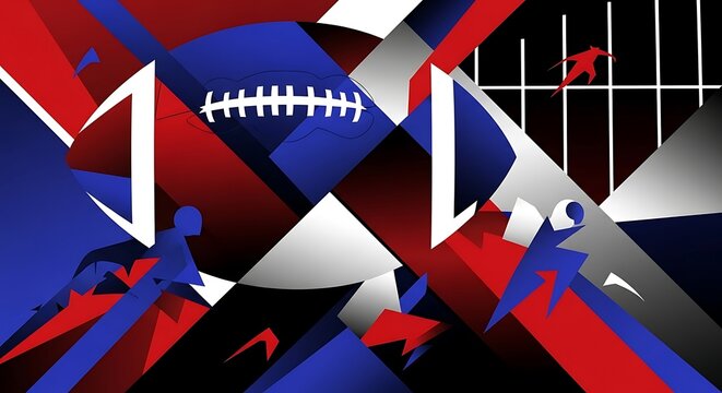 Dynamic abstract American football illustration with red, white, and blue geometric shapes and a player.