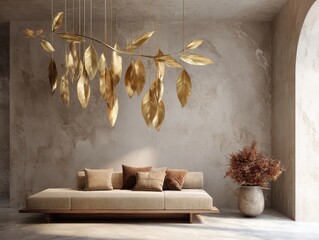 Elegant living room featuring a modern gold leaf chandelier, a minimalist beige sofa, and a decorative dried plant in a stylish textured interior