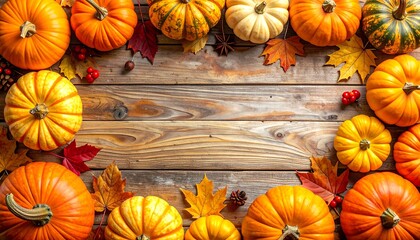Top-down view of a wooden surface adorned with pumpkins, autumn leaves, berries, and spices. Vibrant colors create a festive mood