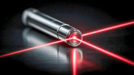 Close-up view of a sleek metallic laser pointer emitting three vibrant red laser beams crossing over a reflective dark surface in a dramatic low light setting