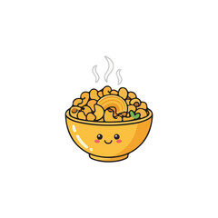 A cartoon illustration of a happy bowl filled with steaming macaroni and cheese, smiling.