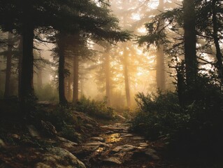 Misty Forest Stone Path Golden Sunlight Beams Pine Trees Ethereal Woodland Landscape Dense Foggy Atmosphere Tranquil Morning Scene Nature Trail