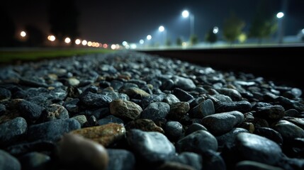 Obraz premium Nighttime view of a gravel path with glowing streetlights in the background.