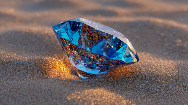 Shining blue gemstone reflecting sunlight while resting delicately on sunlit grainy sand with sparkling golden highlights around its base close to ground level view - Powered by Adobe