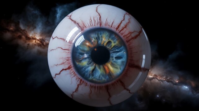 Cosmic human eye with detailed iris and blood vessels in space