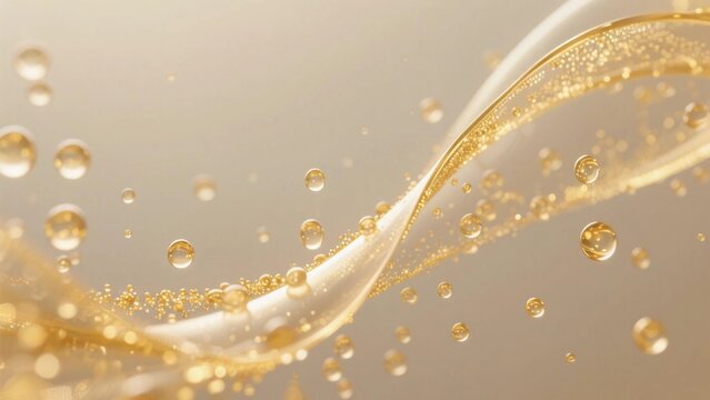 Fluid floating golden particles form many water droplets simple and delicate