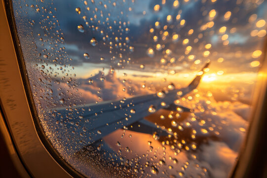 View from airplane window with raindrops on glass against vibrant sunset sky and clouds during flight over scenic horizon landscape