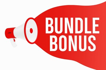 Red megaphone announcing a special offer with the words bundle bonus in bold white lettering