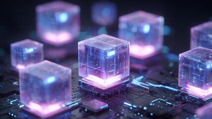 Glowing futuristic cubes arranged on a circuit board, representing advanced technology and digital innovation. The image showcases the fusion of art and technology
