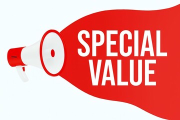 Red megaphone announcing special value with white text on a white background conveying a promotional message