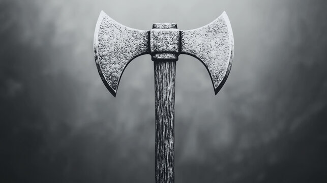 A close-up of a weathered double-headed axe, showcasing its metallic blade and wooden handle against a blurred dark background.