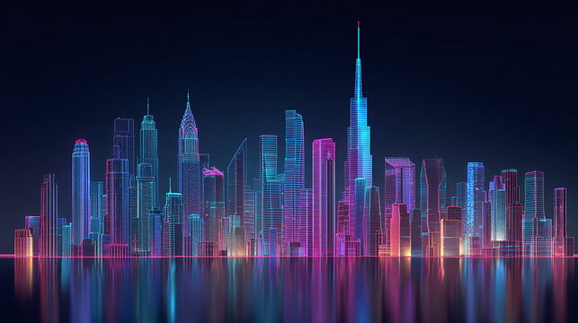 A futuristic cityscape, illuminated with vibrant neon lights, reflecting on a tranquil water surface. The towering skyscrapers and modern architecture create a stunning visual spectacle