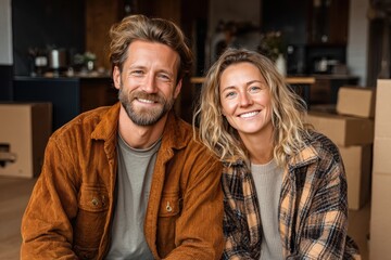 Happy couple smiles surrounded by cardboard boxes in their new home after moving in together