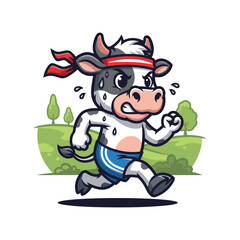 Cartoon cow running with a red headband and blue shorts, sweating, in a green field with trees.