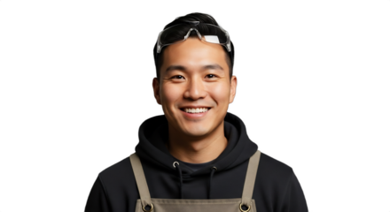 Smiling 30-35-year-old East Asian man, an ice skate sharpener in heavy canvas apron and safety glasses, isolated on transparent background. High-detail studio portrait for winter sports,