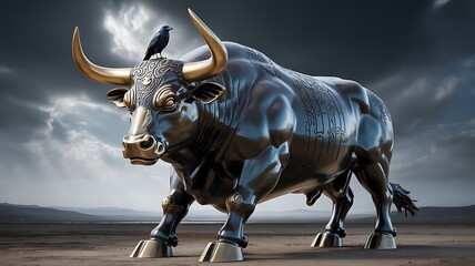 Obraz premium Imposing bronze bull statue, golden horns, raven, dramatic sky