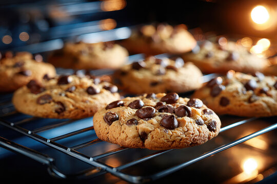 Close up of chocolate chip cookies baking in oven