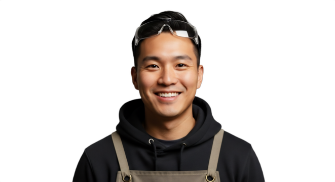 Smiling 30-35-year-old East Asian man, an ice skate sharpener in heavy canvas apron and safety glasses, isolated on transparent background. High-detail studio portrait for winter sports,