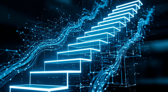 Climb the ladder to success with this futuristic, glowing staircase design, perfect for illustrating growth, achievement, and innovative business strategies