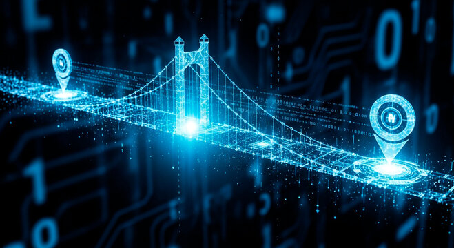 Digital bridge connecting data points with vibrant network technology, creating a stunning futuristic landscape for innovative solutions and business growth