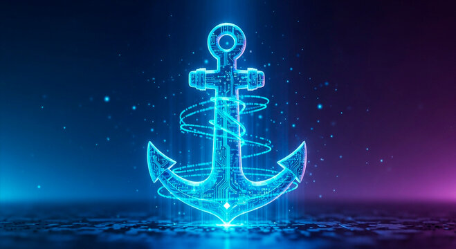 Futuristic anchor shining with vibrant neon light is perfect for seafaring tech startups and modern maritime brands needing a digital edge. - Powered by Adobe