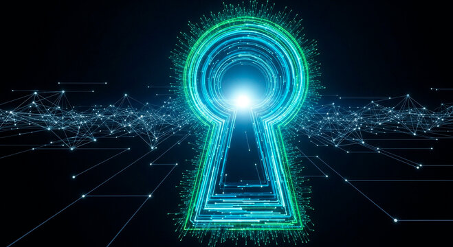 Unlock digital potential with this stunning keyhole design, perfect for technology, cybersecurity, and innovation concepts in vibrant blue and green tones