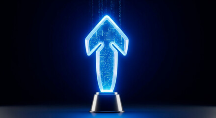 Modern tech arrow glowing upwards, symbolizing growth and innovation, future technology, digital advancement, and positive business direction for success