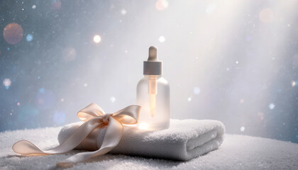 Frosted glass dropper bottle and soft folded towel edge on a minimal product podium. Winter Beauty treatment Mockup.