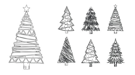 Obraz premium A monochrome composition showcases various styles of Christmas tree illustrations, each meticulously outlined in black against a clean white backdrop, conveying a festive charm
