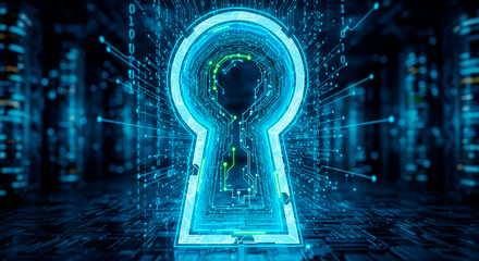 Cybersecurity keyhole glowing with digital data streams for network protection and privacy, illustrating future tech and secure access solutions