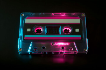 Immerse yourself in vibrant retro nostalgia with a glowing neon cassette tape casting mesmerizing pink and blue light on a dark background, evoking a sense of auditory magic.