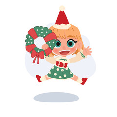 cute girl in christmas outfit jumping with wreath joyful expression. for holiday greeting posters or new year designs