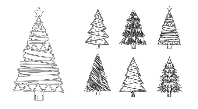 A monochrome composition showcases various styles of Christmas tree illustrations, each meticulously outlined in black against a clean white backdrop, conveying a festive charm