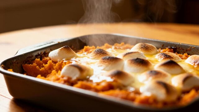 hot sweet potato casserole with melted marshmallows, sitting in a baking pan, releasing warm steam, perfect for thanksgiving autumn or holiday dessert footage