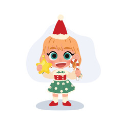 a cute cartoon girl in christmas costume holding a star and candy cane for winter greeting cards and decoration