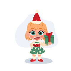 cute cartoon girl celebrating christmas with a wrapped present joyful holiday mood for new year and festive artwork