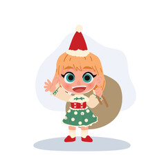 cute cartoon girl wearing santa hat and green dress holding christmas sack. for holiday greetings