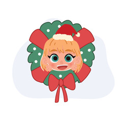 a cute blonde girl with big green eyes wearing a Santa hat, surrounded by a green Christmas wreath and a red bow