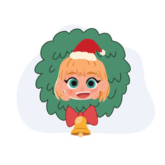 cute blonde girl inside christmas wreath with red bow and bell festive vector illustration for holiday greeting card