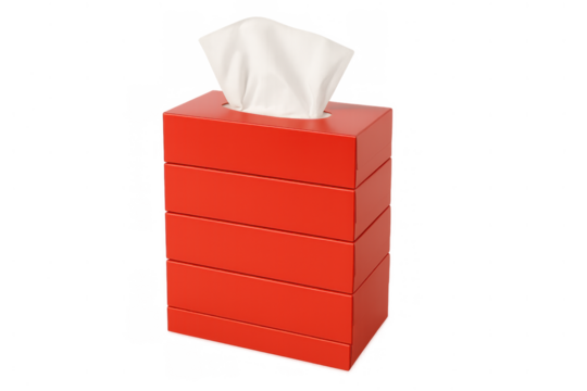 Red tissue box full of white facial tissues, emphasizing hygiene, health, and cleanliness in home and office settings