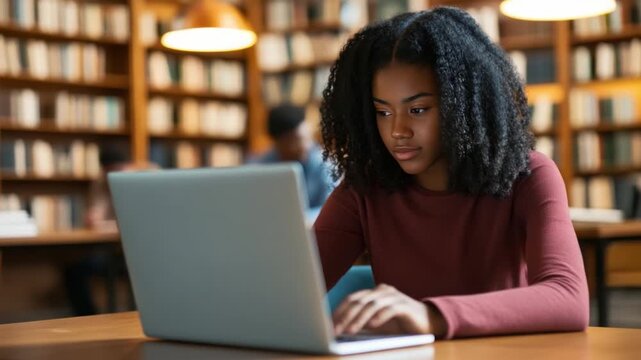 Dedicated Scholar: A focused young student engrossed in research at a desk, with a laptop in a library. with an array of books in the background.