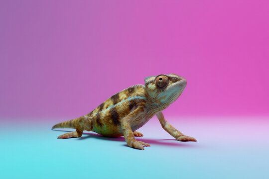 Captivating chameleon with intricate scales explores a vibrant studio setting under soft pink and turquoise gradient lighting, showcasing remarkable detail and natural wonder.