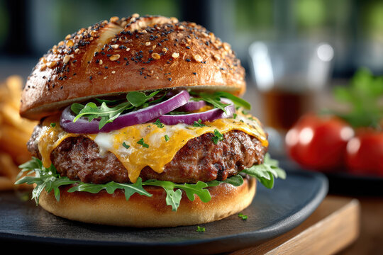 Close up of a juicy cheeseburger on a plate