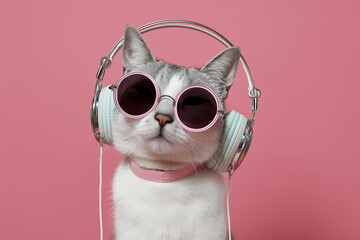 Cool cat rocking stylish sunglasses and headphones, ready to jam out to favorite tunes with a vibrant pink backdrop, perfect for music promotion or trendy lifestyle content.