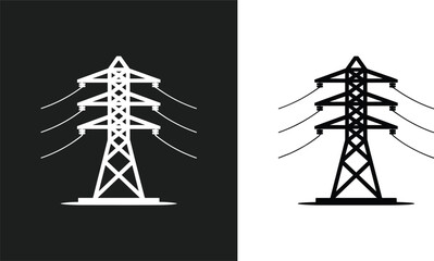 Minimalist black and white illustration of an electrical transmission tower with inverted color contrast design concept