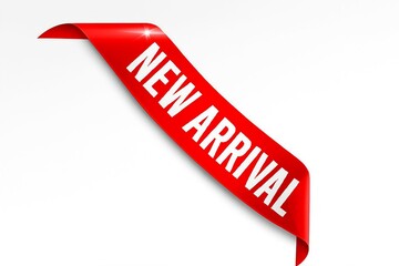 Bright red corner ribbon banner with the text new arrival in white lettering perfect for retail promotions and sales announcements