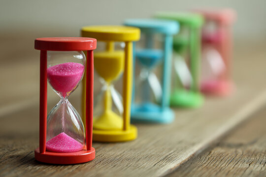 A row of colorful hourglasses with pink, yellow, blue, green, and red sand arranged on a wooden surface showing the passage of time in a creative perspective shot