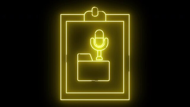 Yellow neon outline of clipboard with file folder  microphone icon on black background